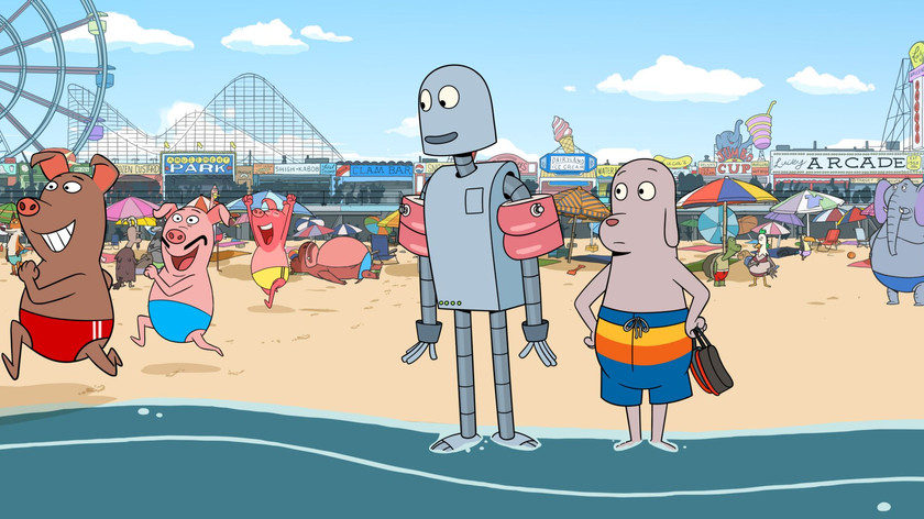 En robot og en hund står i vannkanten på en strand. Tre griser er i ferd med å løpe ut i vannet. I bakgrunnen flere dyr som koser seg i sola og et tivoli. Illustrasjon.